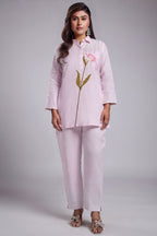 Light Pink Flower Motif Embroidered Linen Co-Ord Set