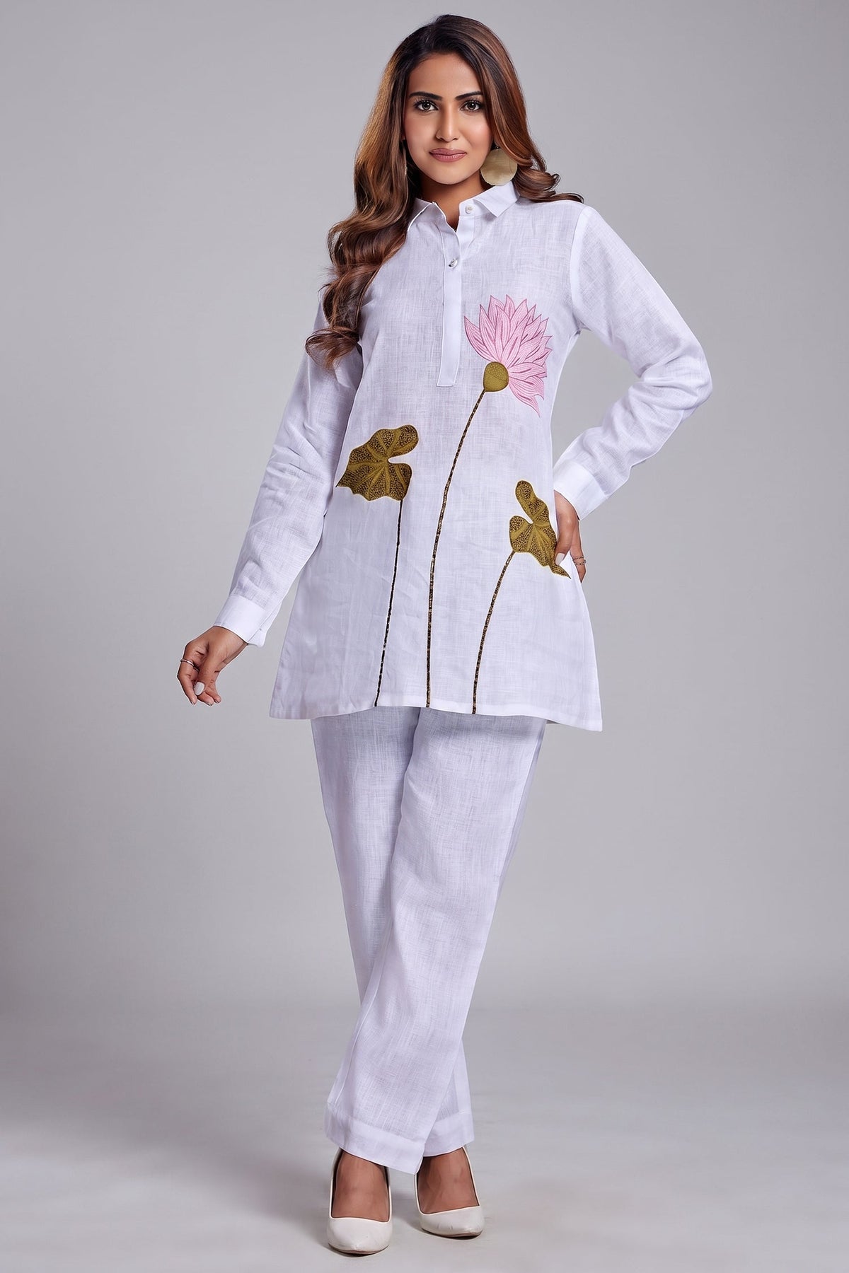 Pearl White Linen Flower Motif Co-Ord Set