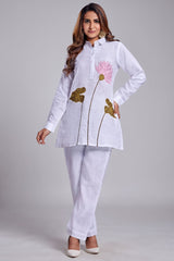 Pearl White Linen Flower Motif Co-Ord Set