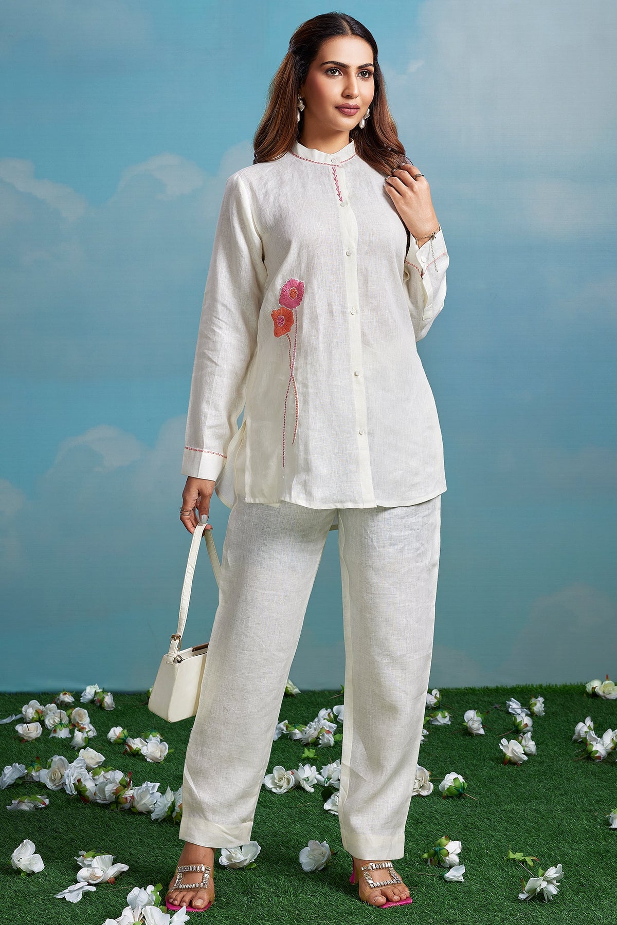 Pearl White Linen Flower Motif Embroidered Co-Ord Set