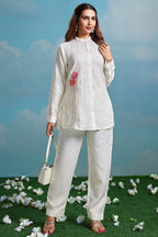 Pearl White Linen Flower Motif Embroidered Co-Ord Set