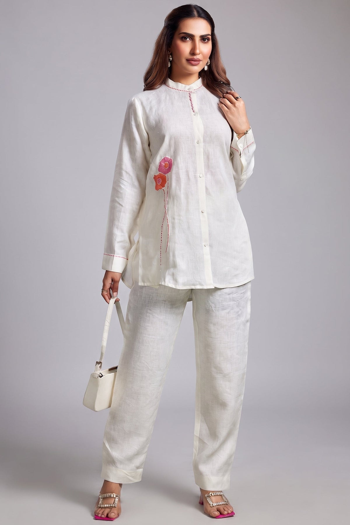 Pearl White Linen Flower Motif Embroidered Co-Ord Set