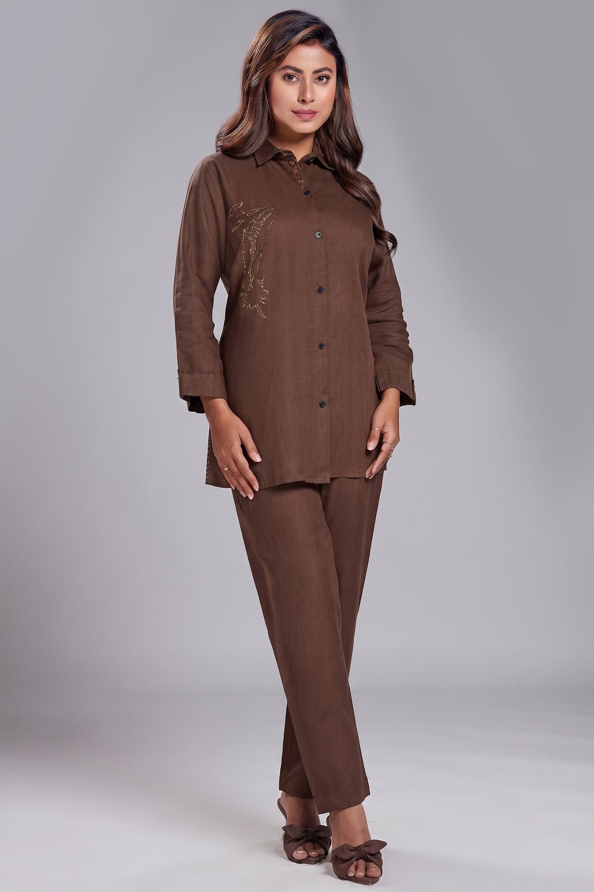 Brown Linen Cutdana Worked Co-Ord Set