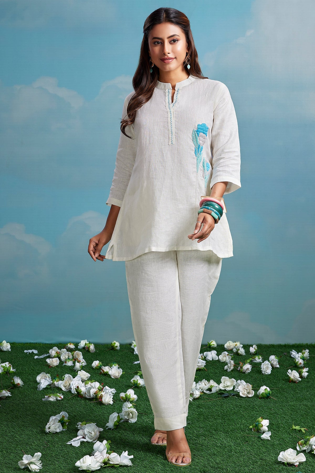 Pearl White Linen Flower Embroidered Motif Co-Ord Set