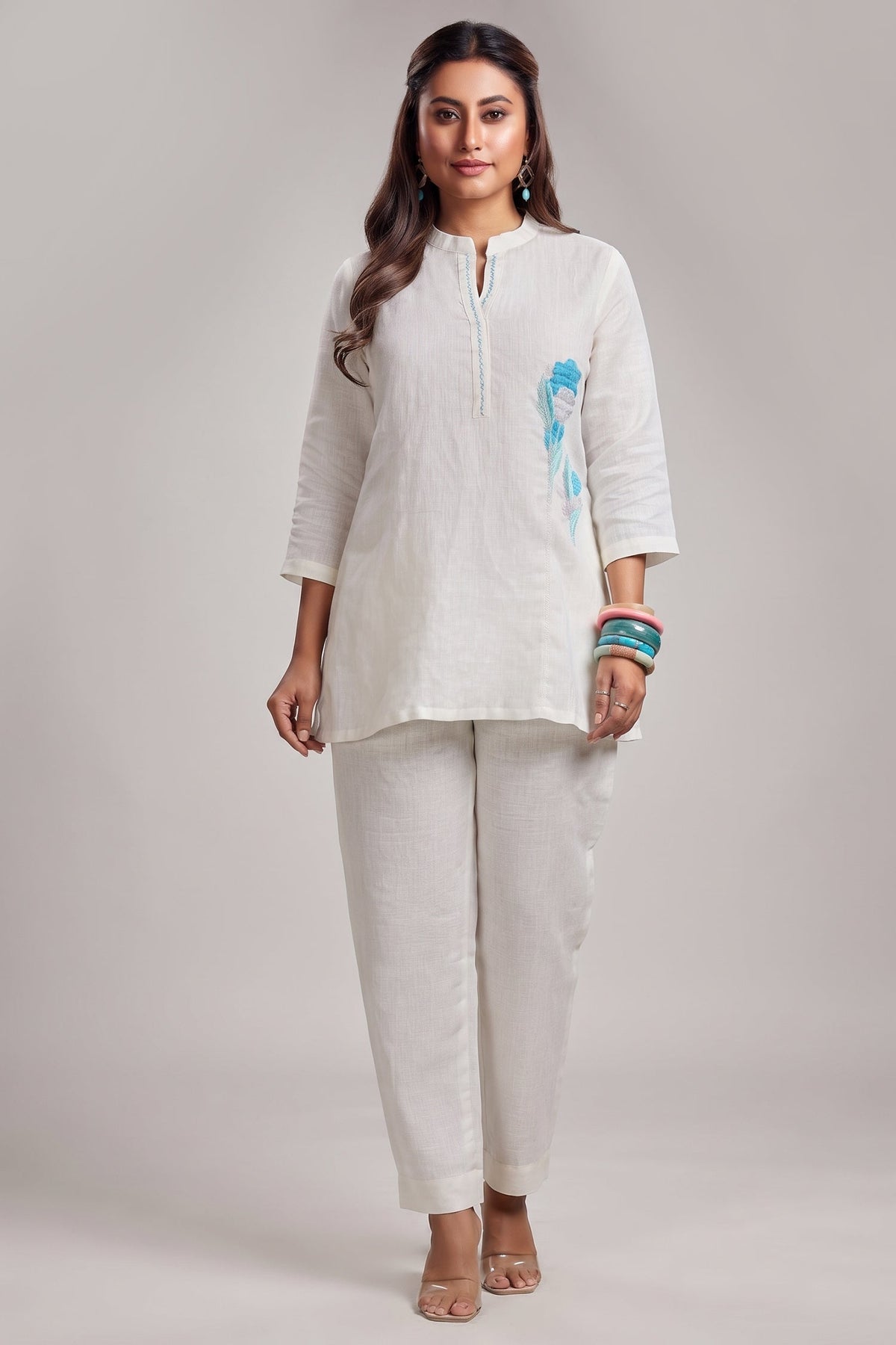 Pearl White Linen Flower Embroidered Motif Co-Ord Set