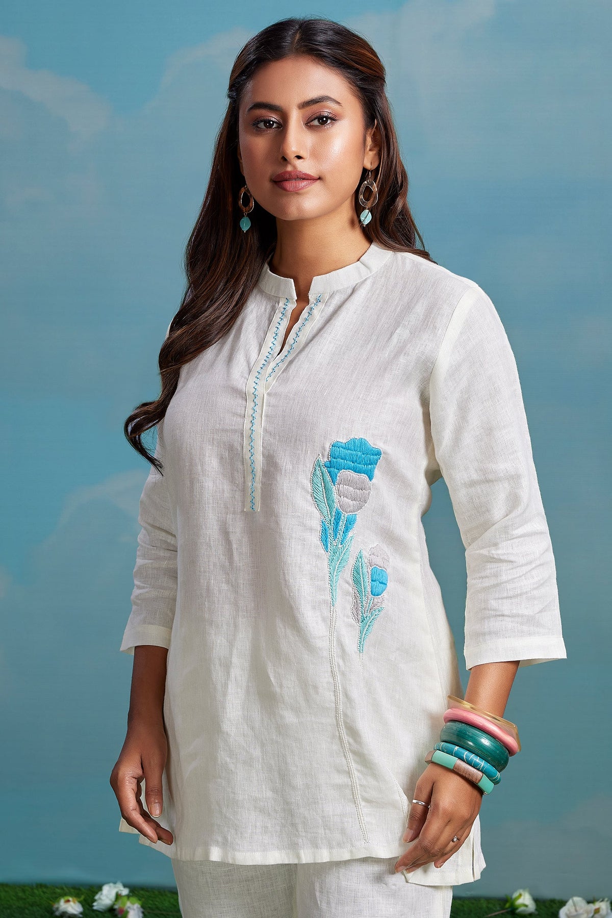 Pearl White Linen Flower Embroidered Motif Co-Ord Set
