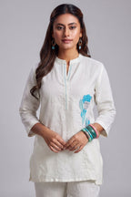 Pearl White Linen Flower Embroidered Motif Co-Ord Set