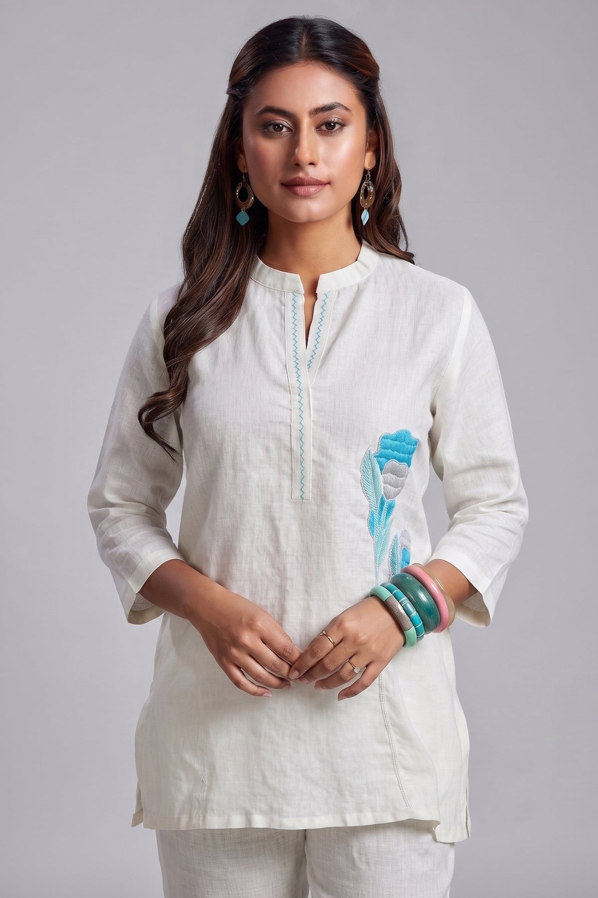Pearl White Linen Flower Embroidered Motif Co-Ord Set