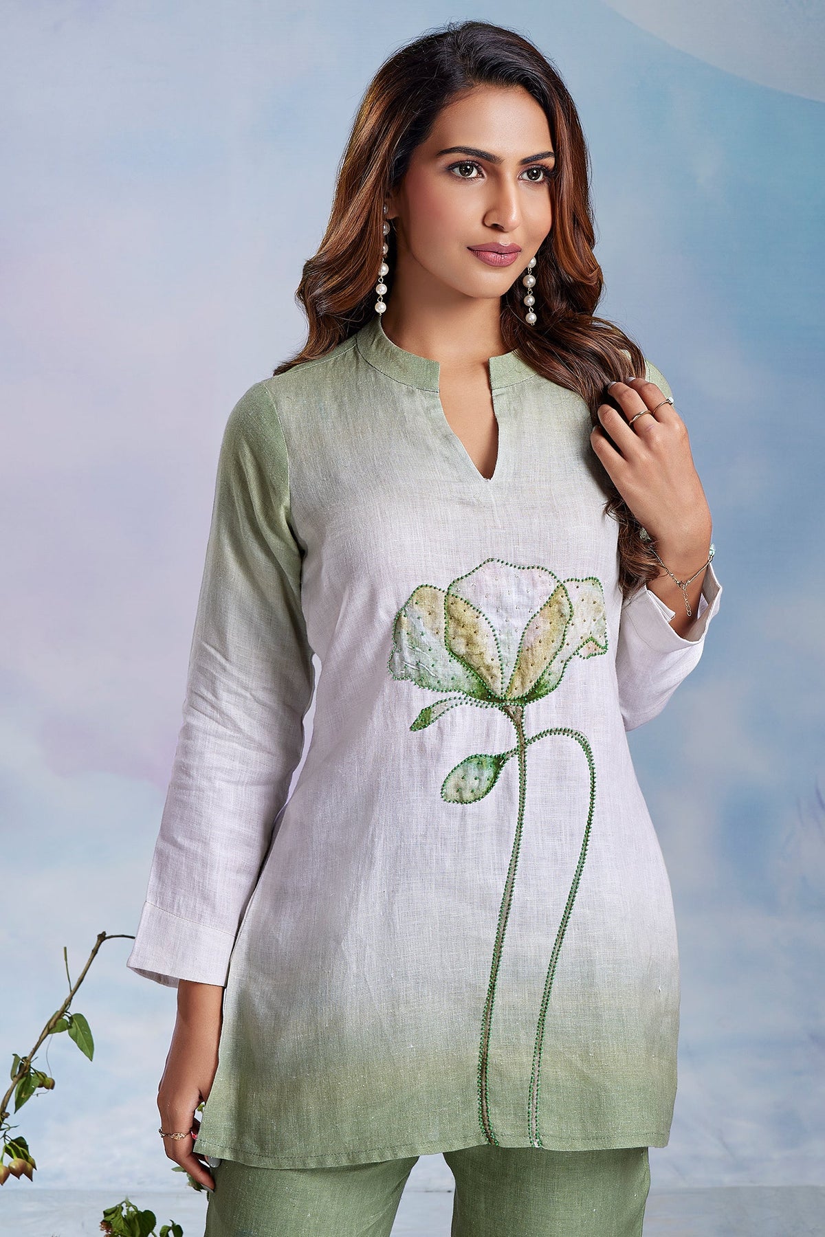 Multi Colored Linen Flower Motif Co-Ord Set