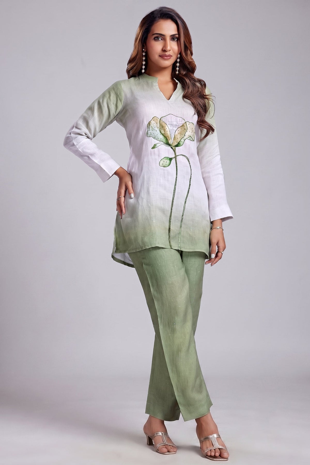 Multi Colored Linen Flower Motif Co-Ord Set
