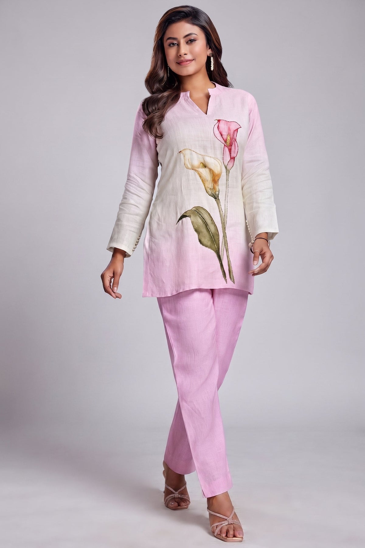 Multi Colored Linen Flower Motif Co-Ord Set