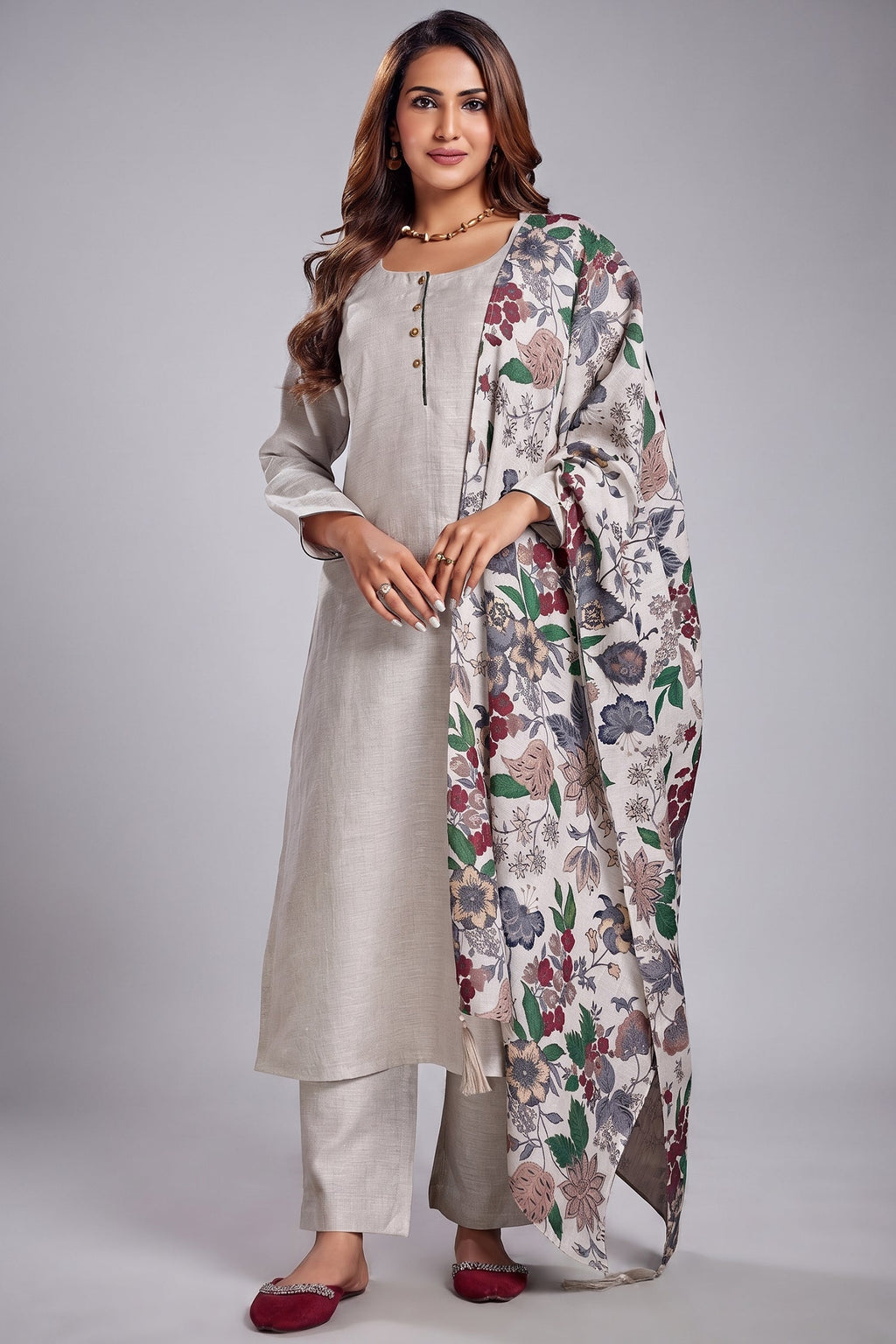 Light Grey Linen Straight Cut Kurta Set