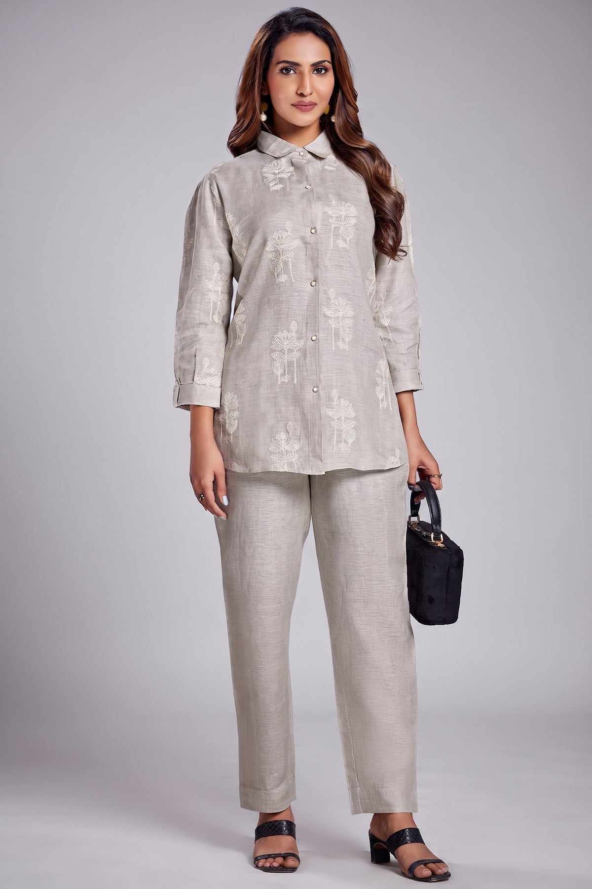 Light Grey Linen Embroidered Co-Ord Set