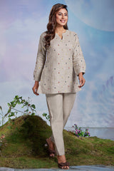 Beige Linen Floral Embroidered Buttis Co-Ord Set