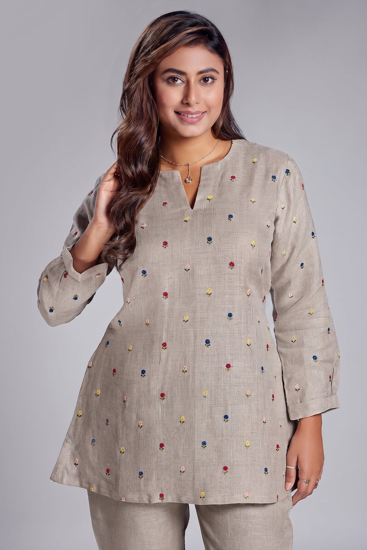Beige Linen Floral Embroidered Buttis Co-Ord Set