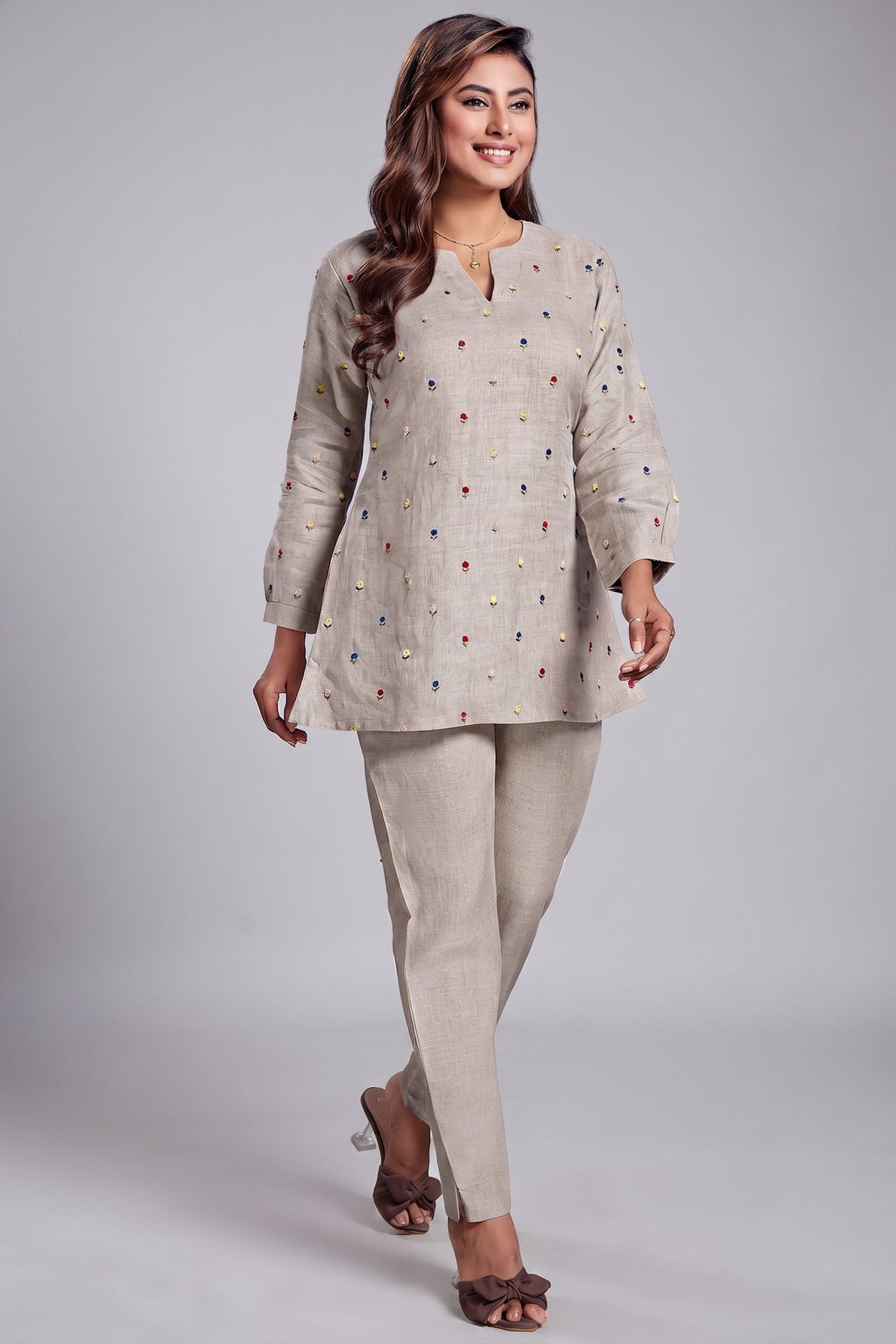 Beige Linen Floral Embroidered Buttis Co-Ord Set