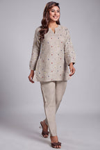 Beige Linen Floral Embroidered Buttis Co-Ord Set