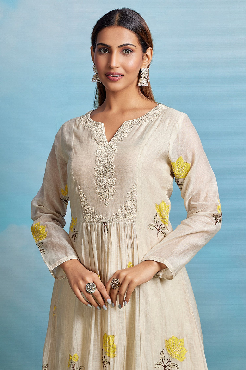 Ivory Cream Cotton Mul Floral Motif Kurta Set