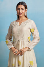 Ivory Cream Cotton Mul Floral Motif Kurta Set
