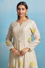 Ivory Cream Cotton Mul Floral Motif Kurta Set
