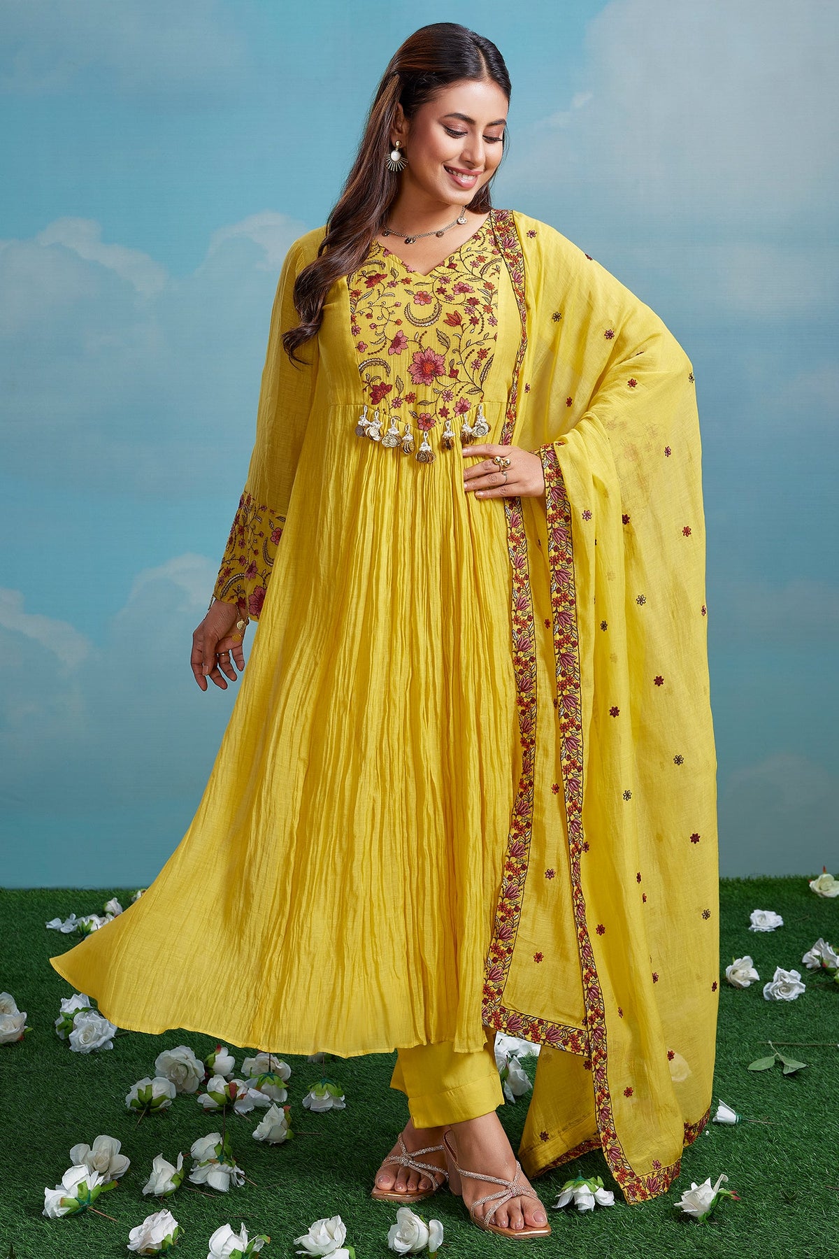Yellow Cotton Mul Floral Embroidered Anarkali Kurta Set
