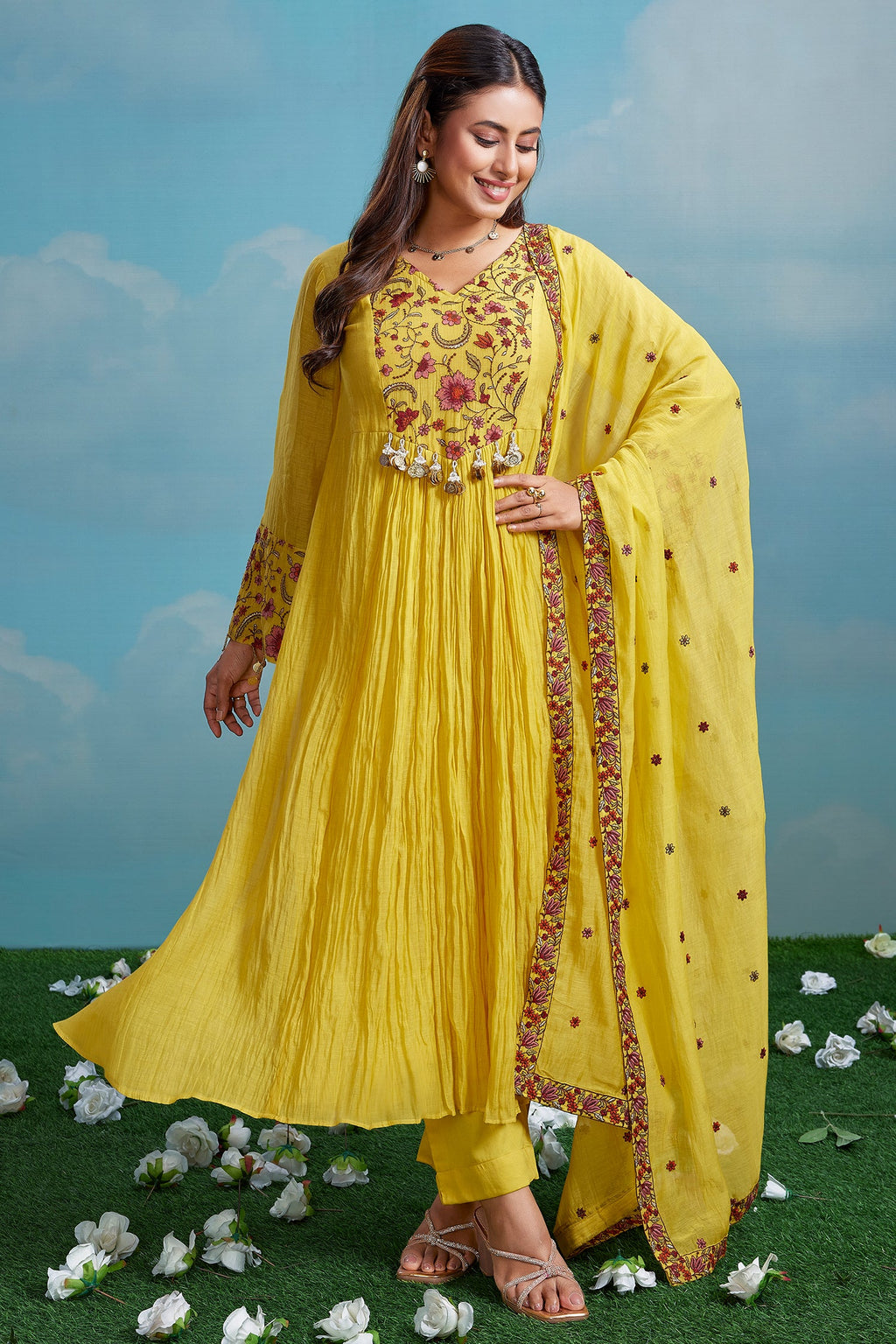 Yellow Cotton Mul Floral Embroidered Anarkali Kurta Set