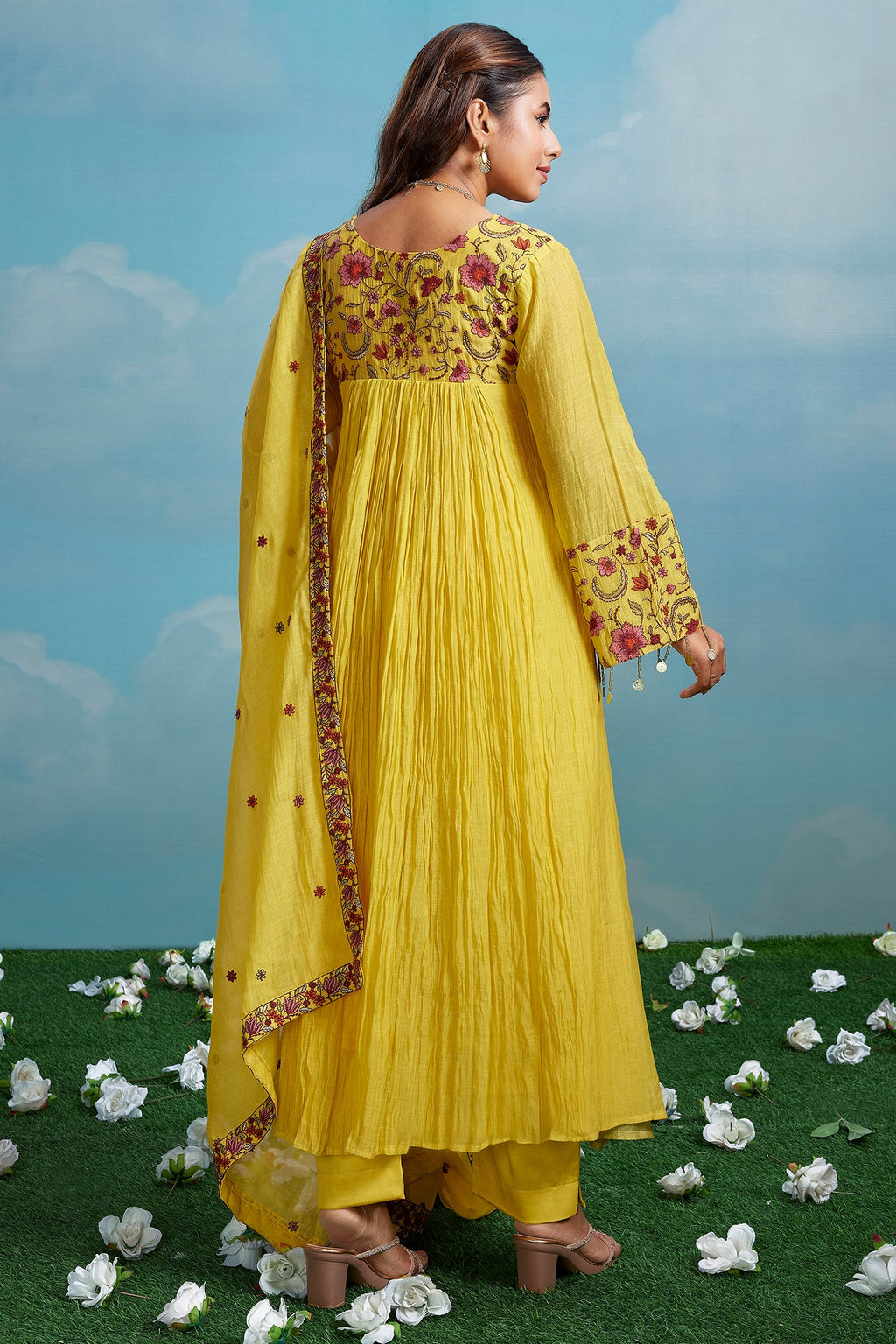 Yellow Cotton Mul Floral Embroidered Anarkali Kurta Set