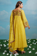 Yellow Cotton Mul Floral Embroidered Anarkali Kurta Set