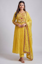 Yellow Cotton Mul Floral Embroidered Anarkali Kurta Set