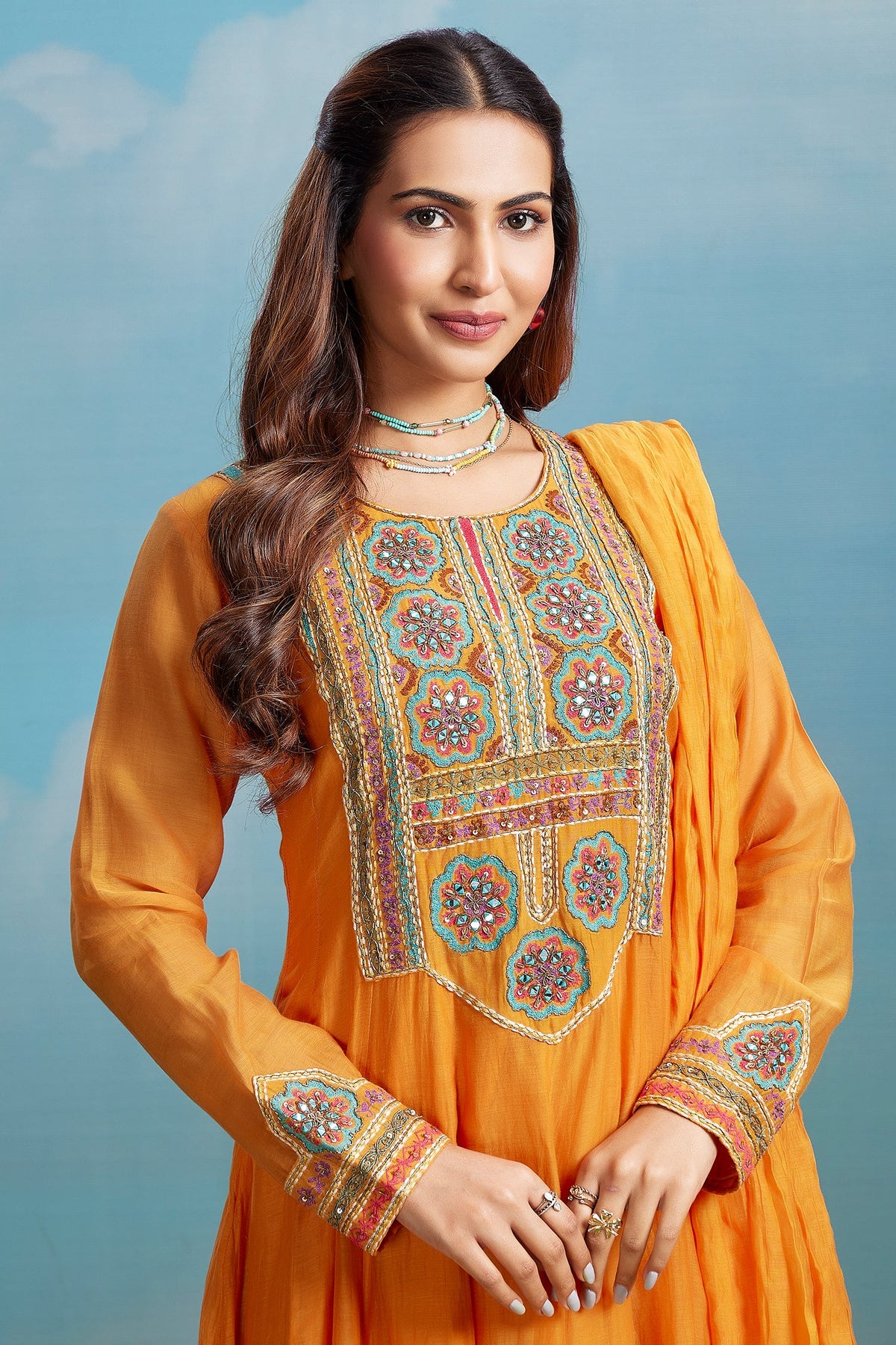 Orange Cotton Mul Mirror Embroidered Bodice Kurta Set