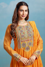 Orange Cotton Mul Mirror Embroidered Bodice Kurta Set