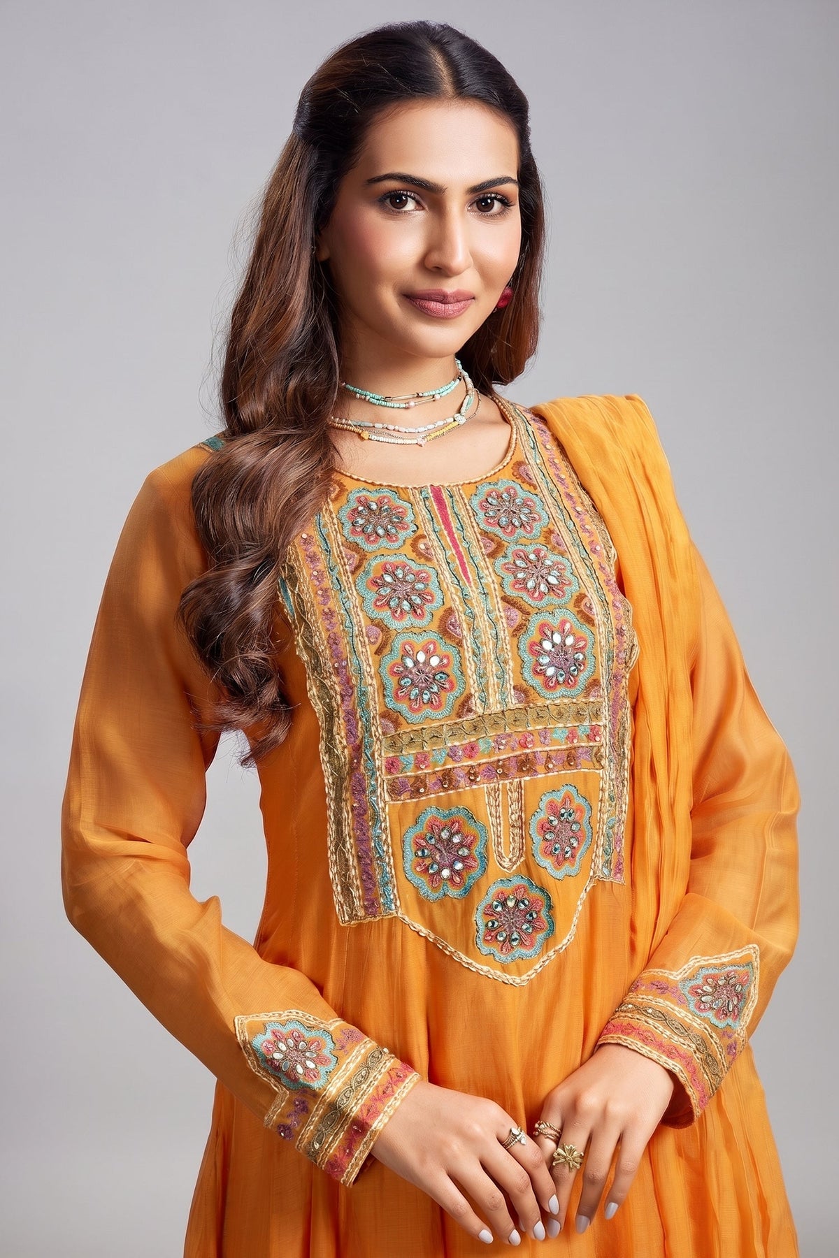 Orange Cotton Mul Mirror Embroidered Bodice Kurta Set
