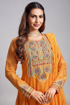 Orange Cotton Mul Mirror Embroidered Bodice Kurta Set