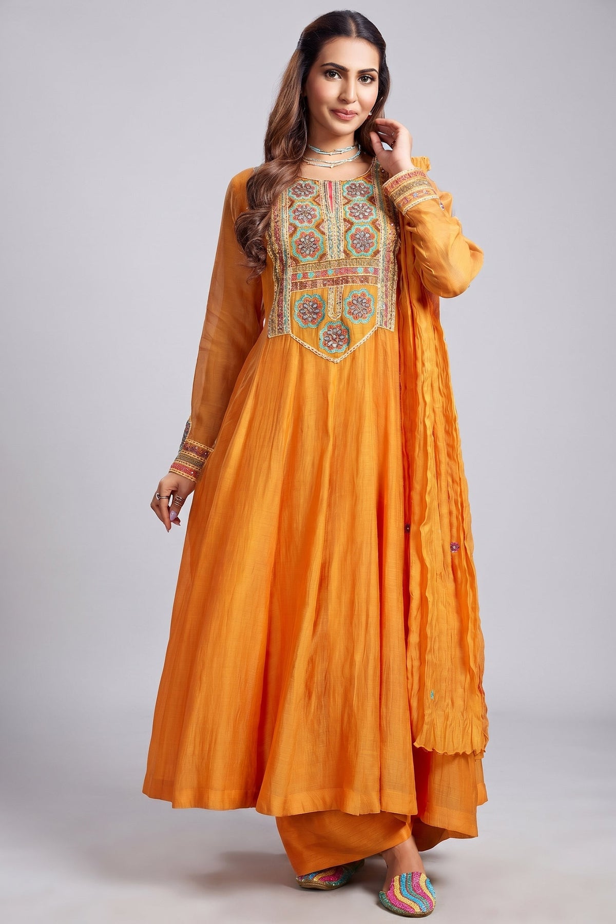 Orange Cotton Mul Mirror Embroidered Bodice Kurta Set