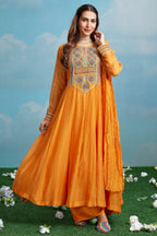 Orange Cotton Mul Mirror Embroidered Bodice Kurta Set