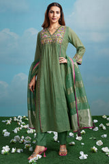 Meadow Green Cotton Silk Mul Embroidery Mirror Wrap Bodice Kurta Set