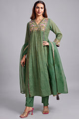 Meadow Green Cotton Silk Mul Embroidery Mirror Wrap Bodice Kurta Set