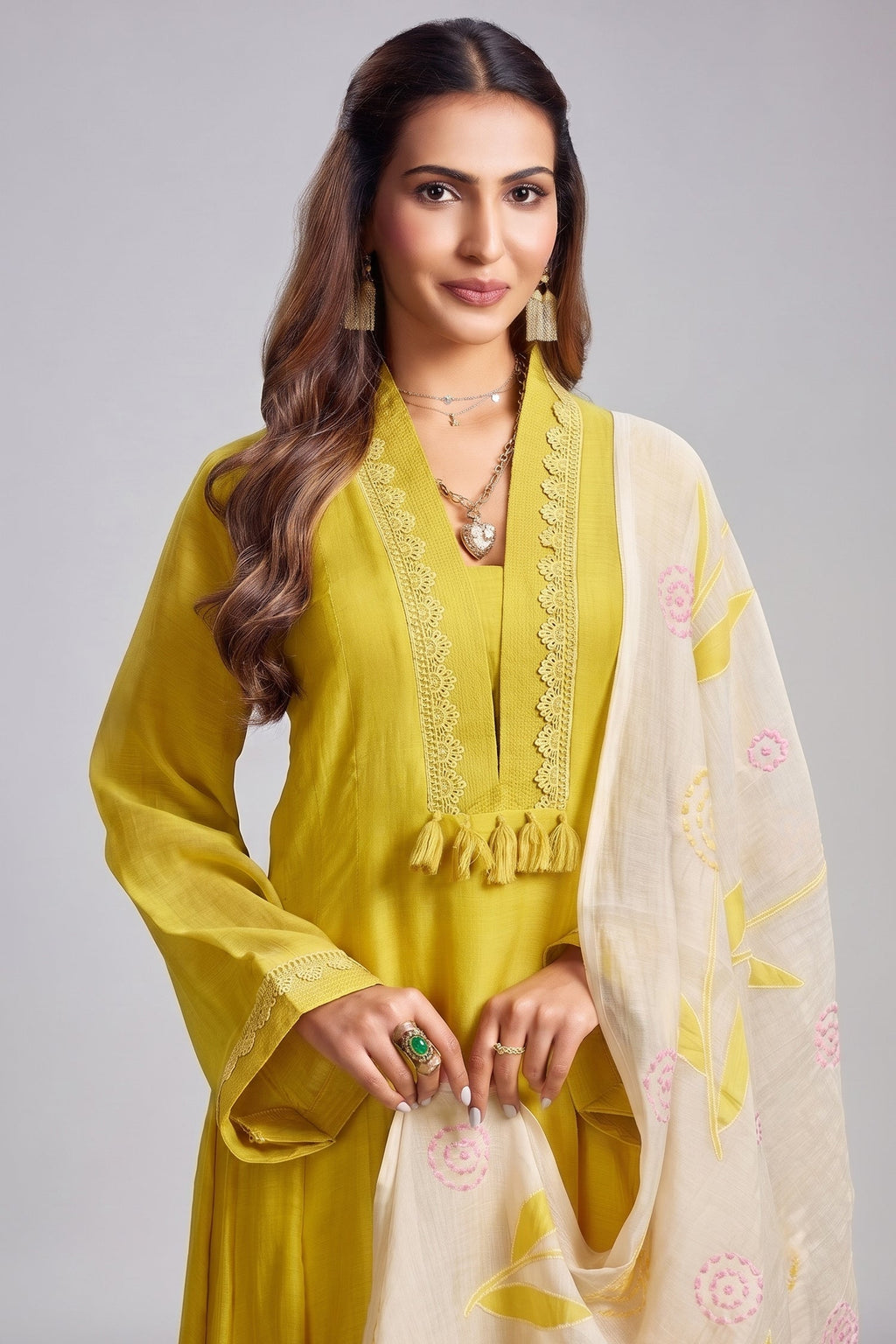 Yellow Cotton Mul V Neck A Line Kurta Set