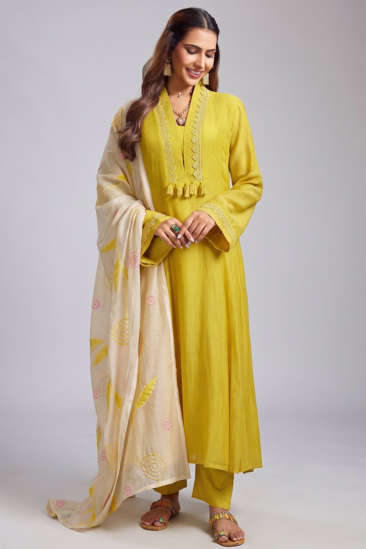 Yellow Cotton Mul V Neck A Line Kurta Set