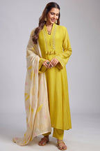 Yellow Cotton Mul V Neck A Line Kurta Set