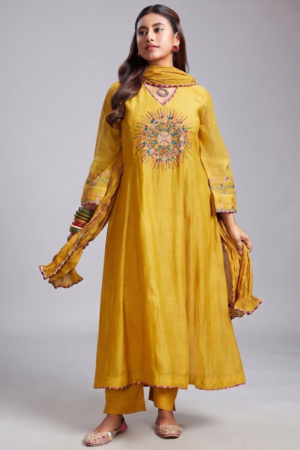 Yellow Cotton Mul Mirror Embroidered Flared A Line Kurta Set