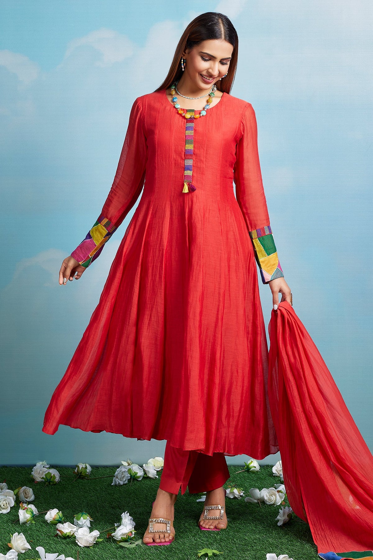 Red Cotton Mul Flared Paneled Anarkali Kurta Set with Patch Work Details