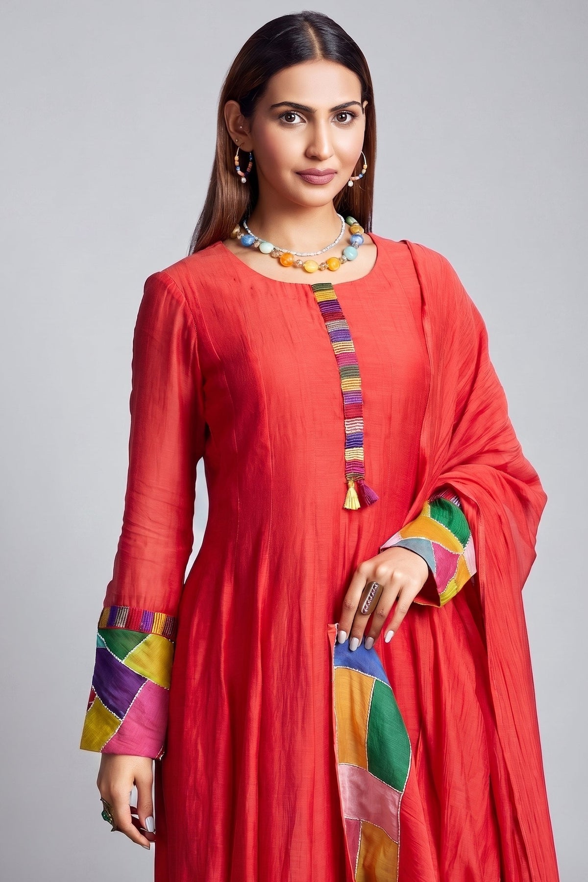 Red Cotton Mul Flared Paneled Anarkali Kurta Set with Patch Work Details