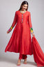 Red Cotton Mul Flared Paneled Anarkali Kurta Set with Patch Work Details