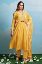 Yellow Cotton Mul Embroidered Kurta Set