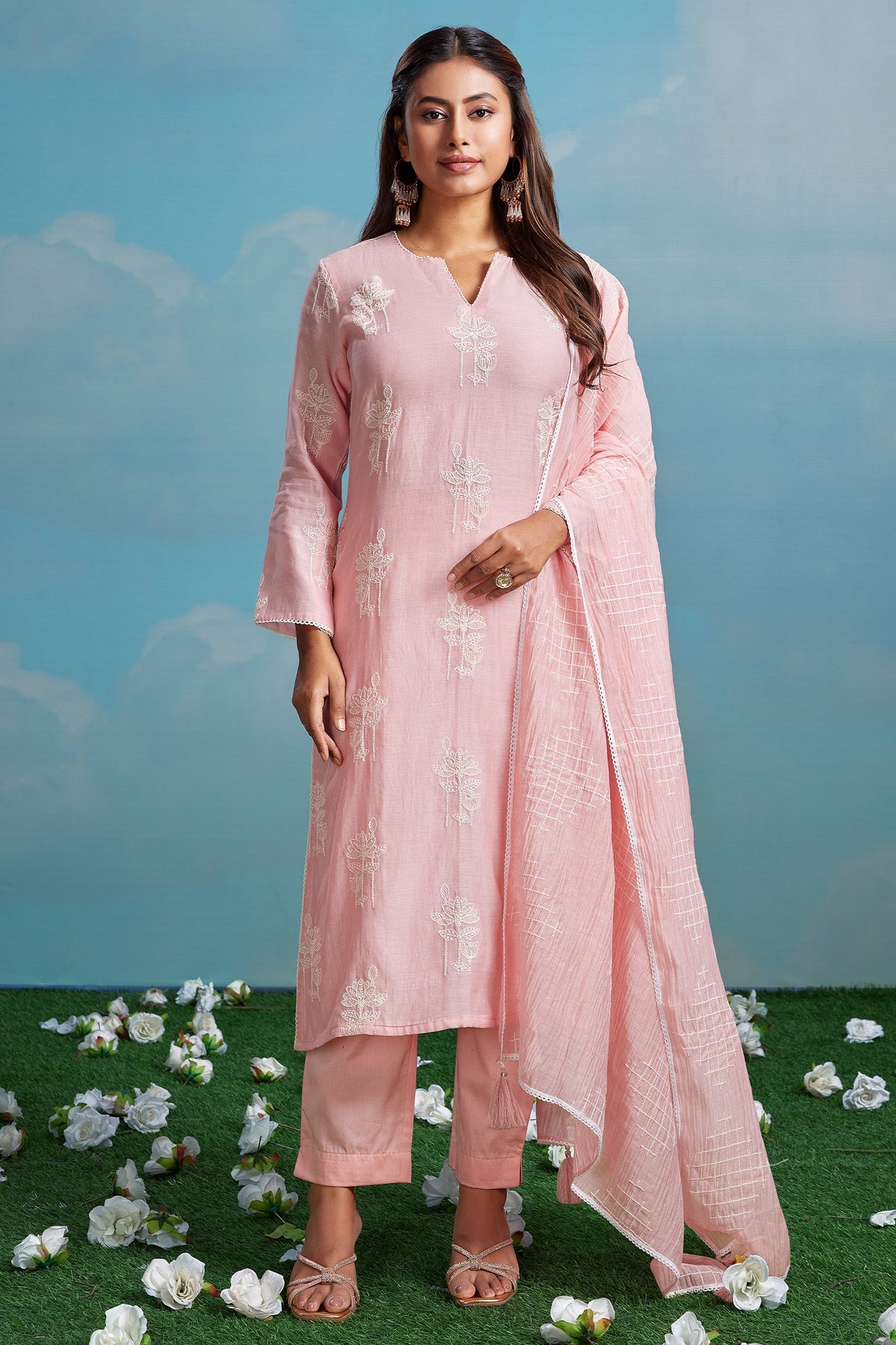 Light Pink Cotton Mul Embroidery Straight Cut Kurta Set