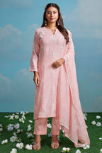 Light Pink Cotton Mul Embroidery Straight Cut Kurta Set