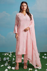 Light Pink Cotton Mul Embroidery Straight Cut Kurta Set
