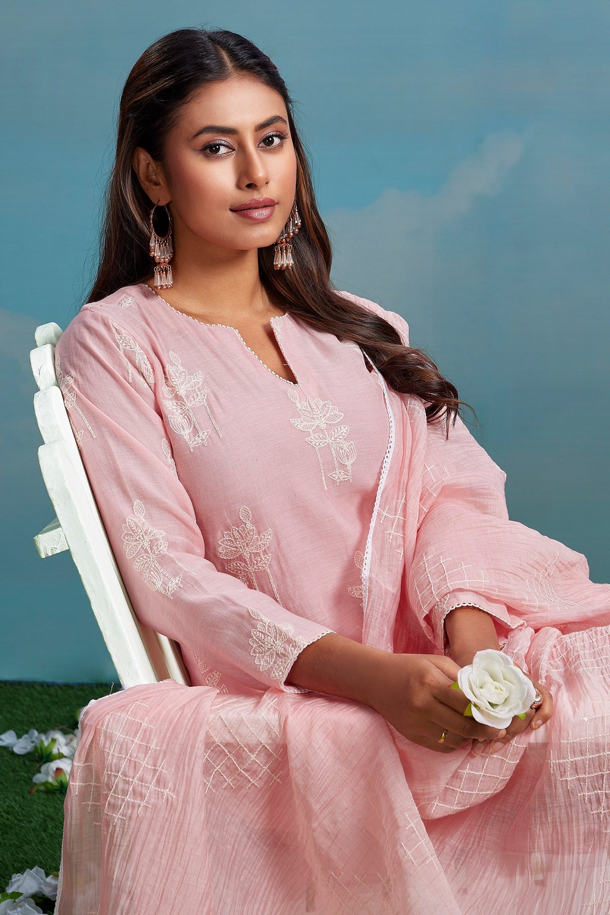Light Pink Cotton Mul Embroidery Straight Cut Kurta Set