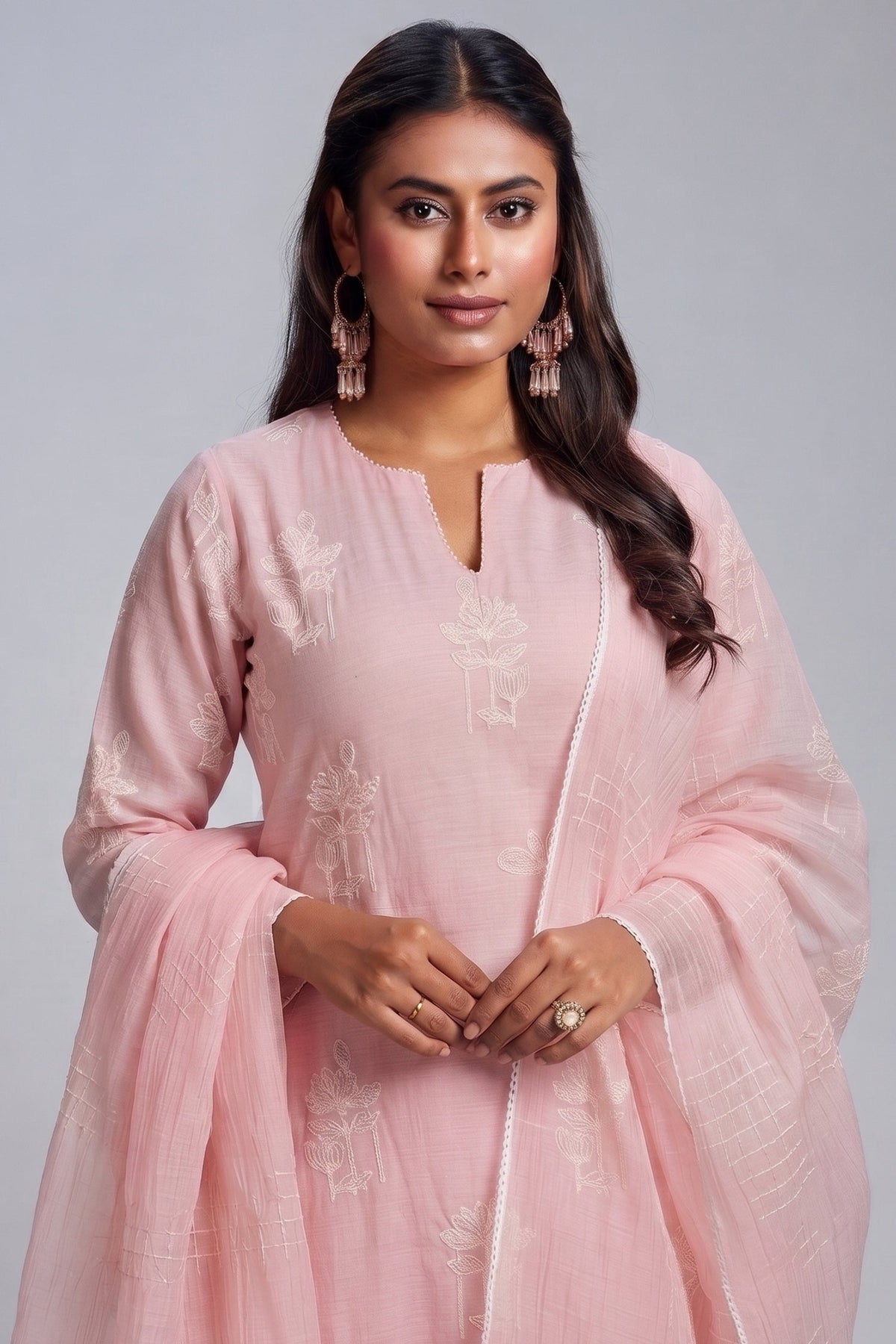 Light Pink Cotton Mul Embroidery Straight Cut Kurta Set